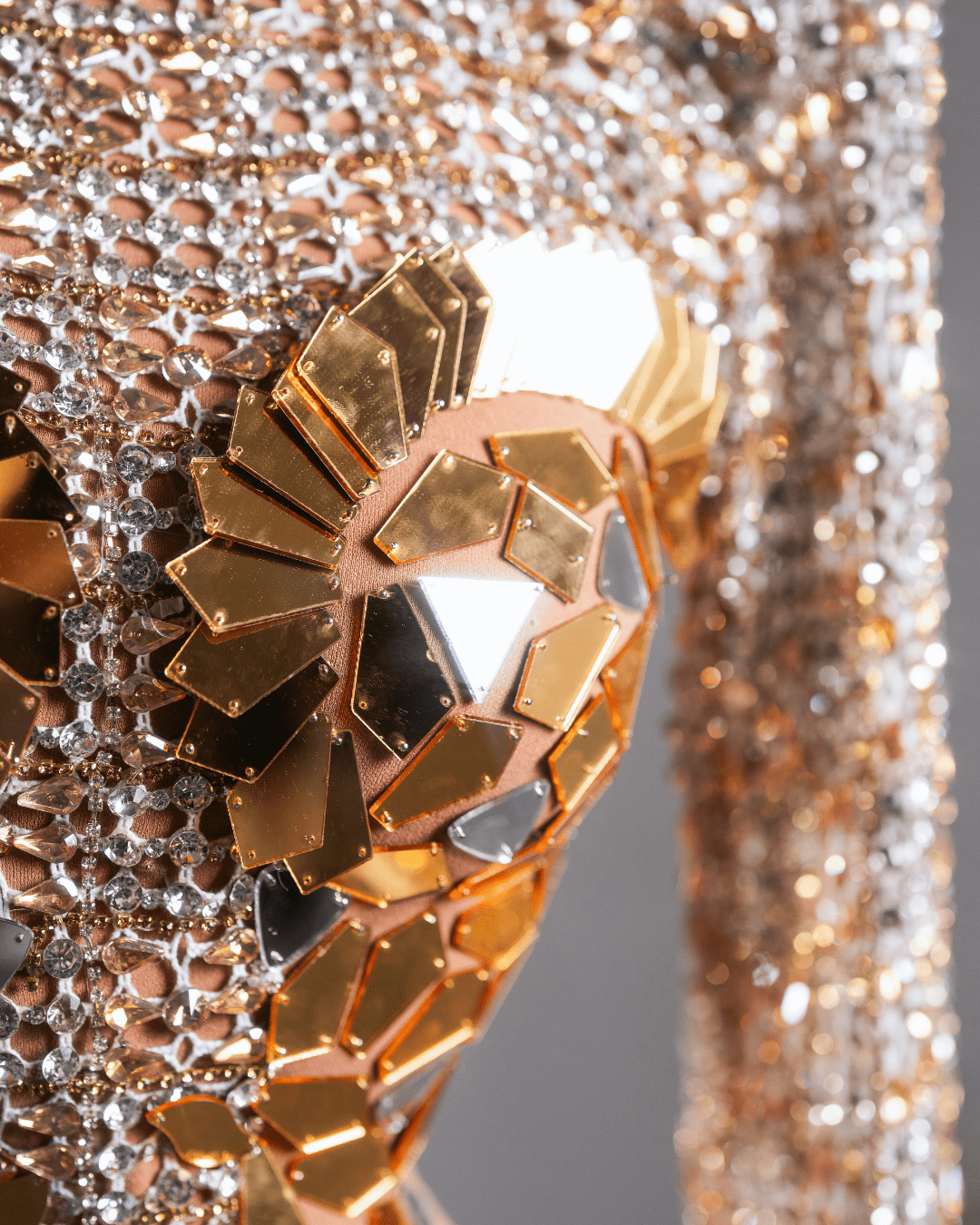 Glorya Gold Long Dress with Crystals and Long Sleeves - BLINI