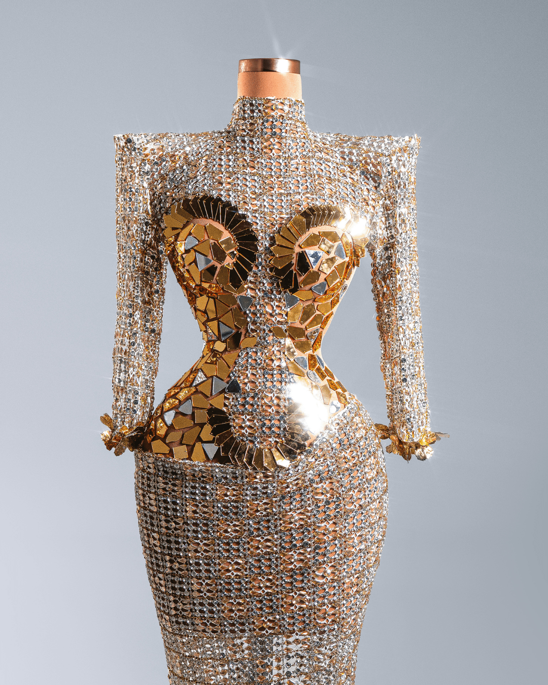 Glorya Gold Long Dress with Crystals and Long Sleeves - BLINI