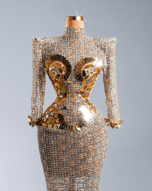 Glorya Gold Long Dress with Crystals and Long Sleeves - BLINI