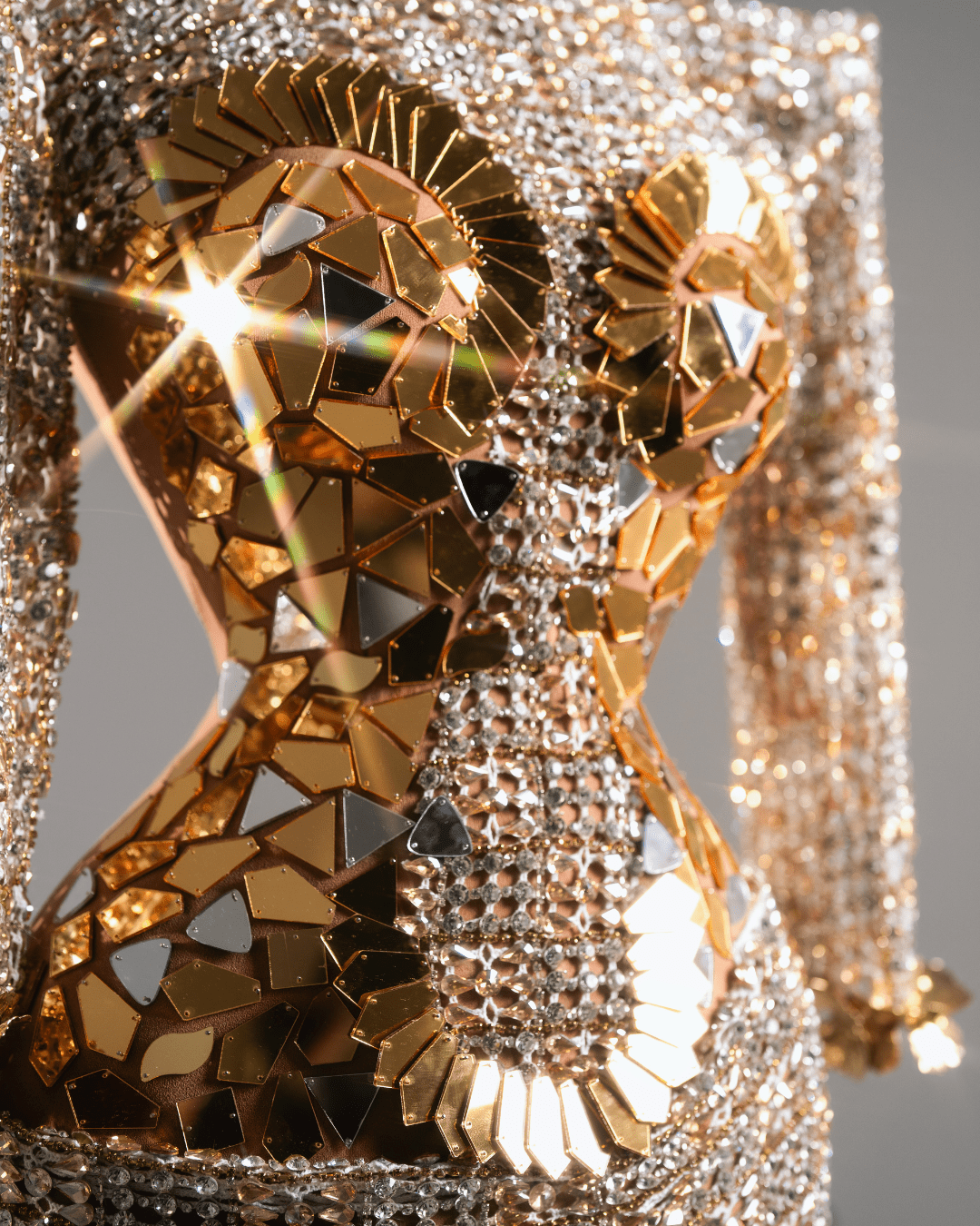 Glorya Gold Long Dress with Crystals and Long Sleeves - BLINI