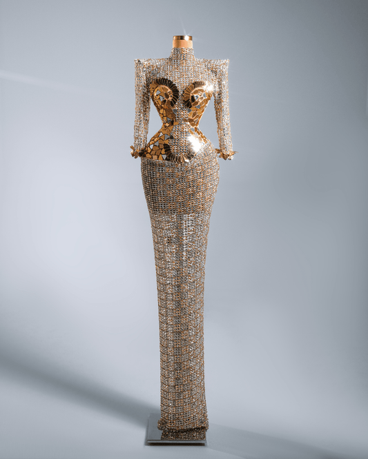 Glorya Gold Long Dress with Crystals and Long Sleeves - BLINI