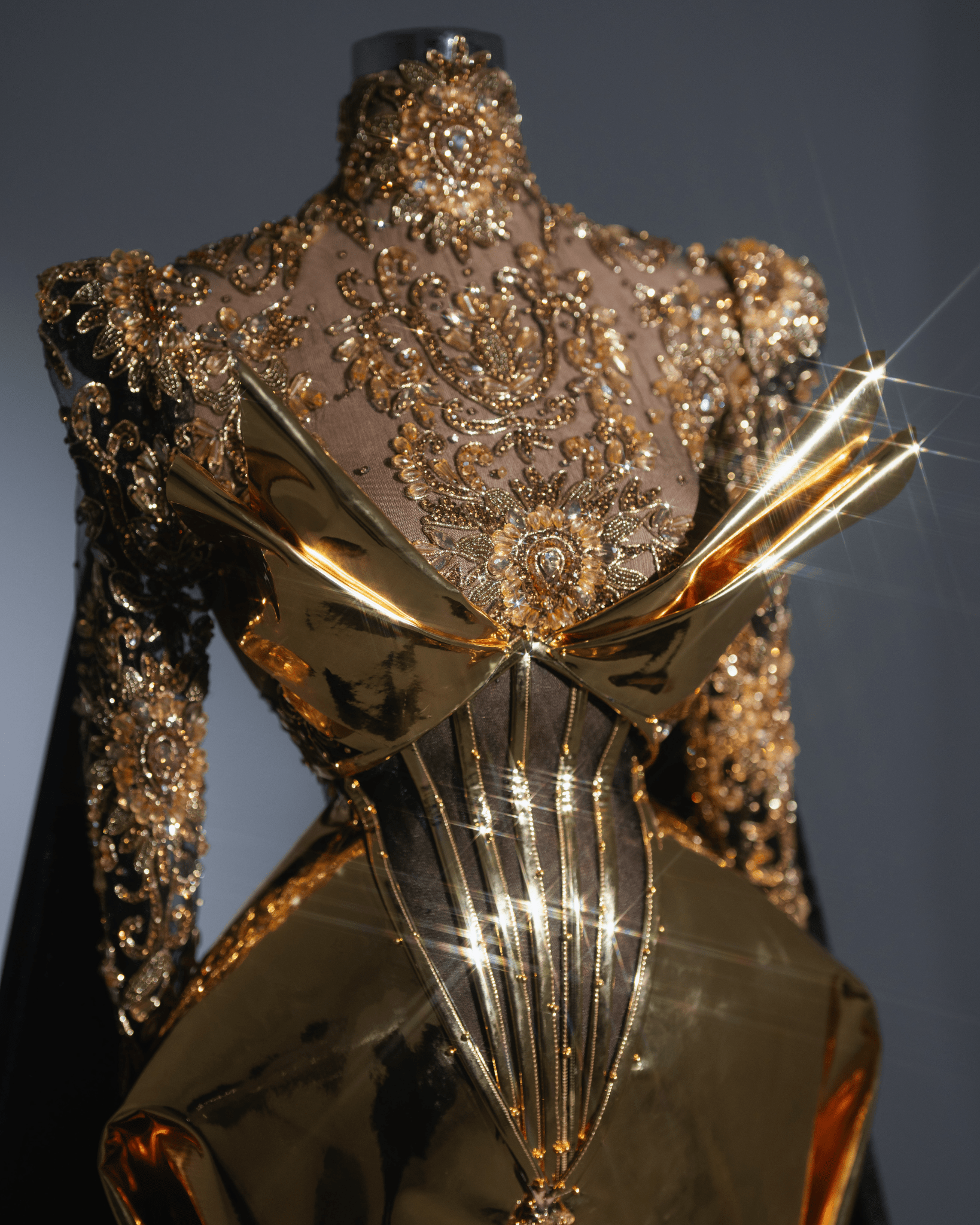 Golny Metallic Gold and Black Long Dress with Side Cape - BLINI