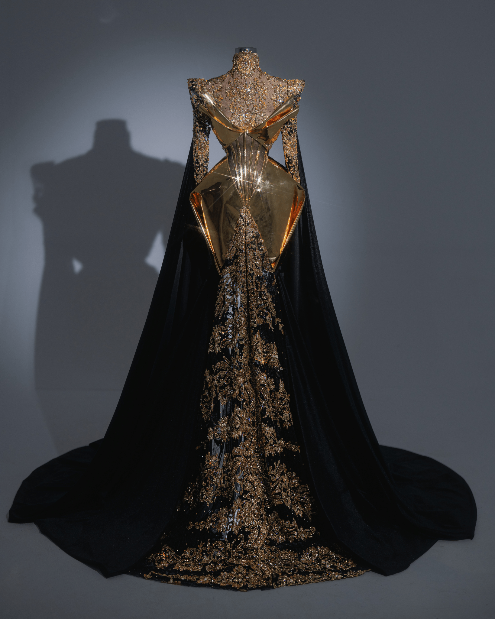 Golny Metallic Gold and Black Long Dress with Side Cape - BLINI