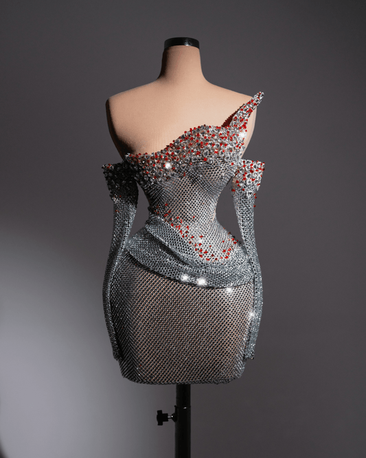 Gyeta Silver Short Dress with Crystals and Long Sleeves - BLINI