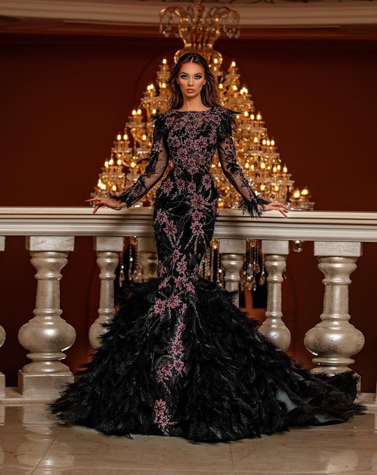 Hana Flower Lace Dress with Feather Details - BLINI