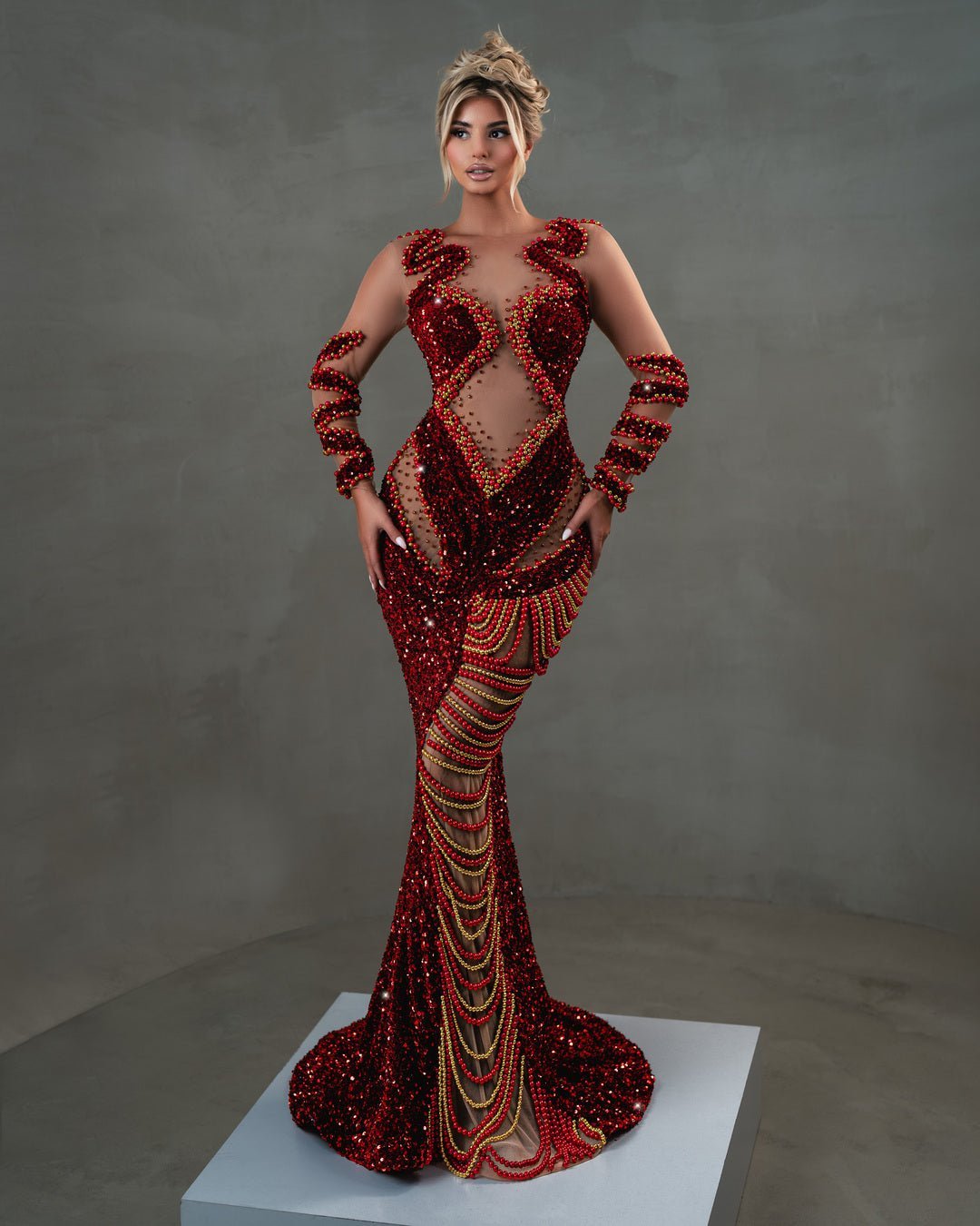 Hannie Red Dress with Sequins and Beads - BLINI