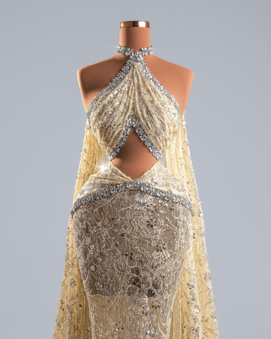 Harere Yellow Dress with Side Cape and Crystals - BLINI