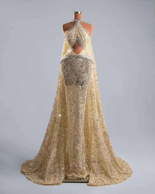 Harere Yellow Dress with Side Cape and Crystals - BLINI