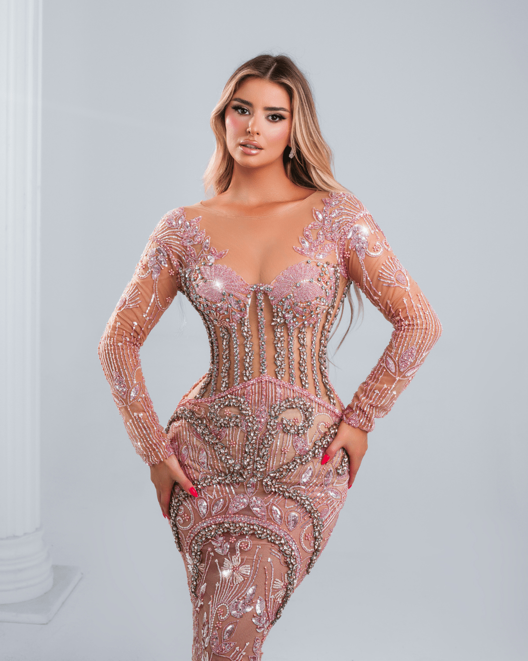 Henese Pink Dress with Crystals and Long Sleeves - BLINI