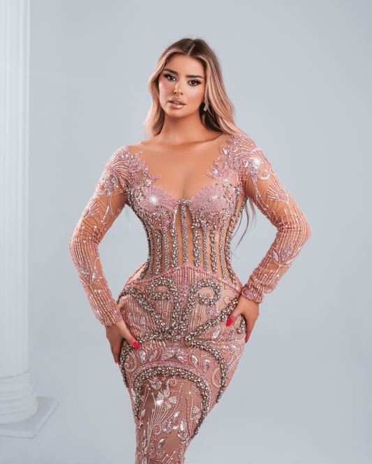 Henese Pink Dress with Crystals and Long Sleeves - BLINI