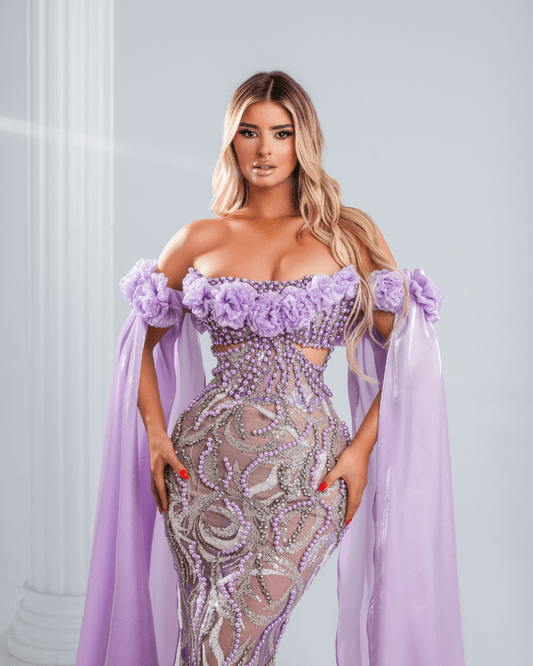 Ilnisye Purple Dress with Crystals and Cape - BLINI