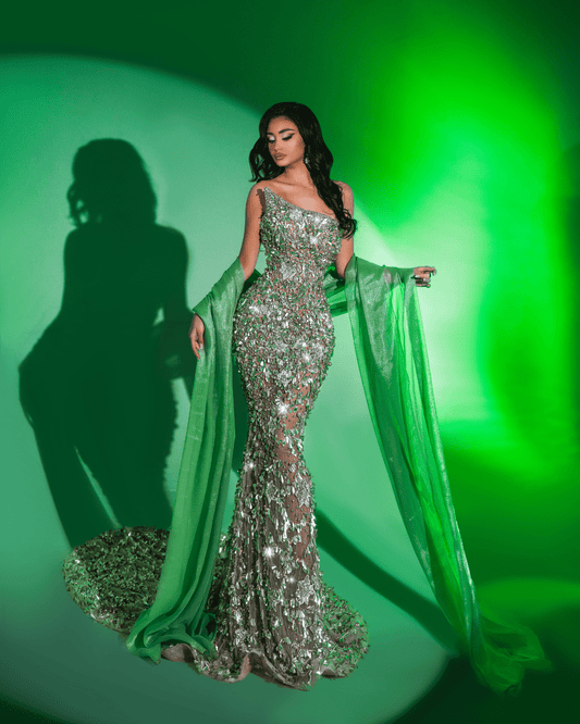 Irene Green Long Sleeveless Dress with Crystals and Cape - BLINI