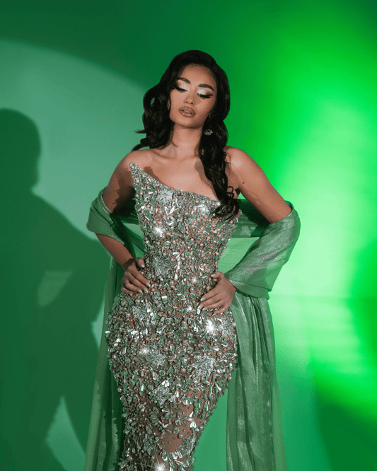 Irene Green Long Sleeveless Dress with Crystals and Cape - BLINI