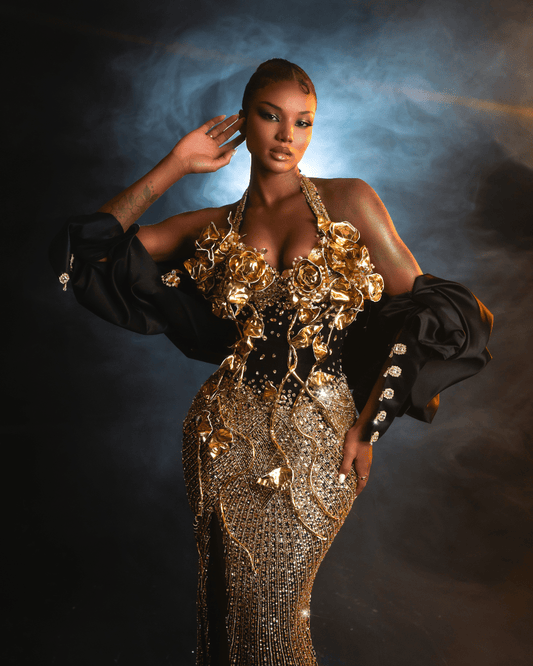 Iria Gold Long Dress with Flowers and Cape - BLINI