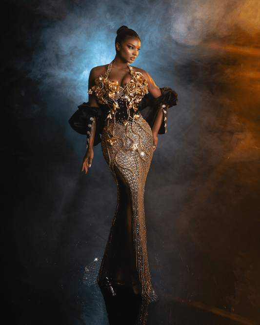 Iria Gold Long Dress with Flowers and Cape - BLINI