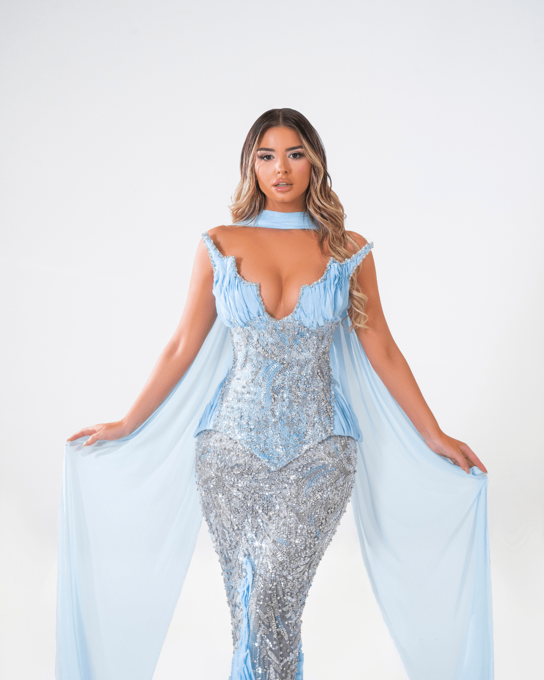 Irinde Blue Long Dress with Crystals and Cut - Out - BLINI