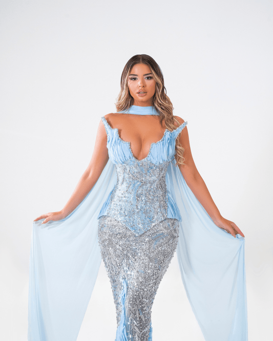 Irinde Blue Long Dress with Crystals and Cut - Out - BLINI