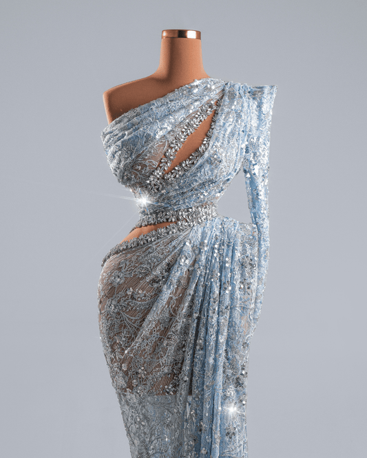 Irisia Blue Dress with Side Cape and Crystals - BLINI