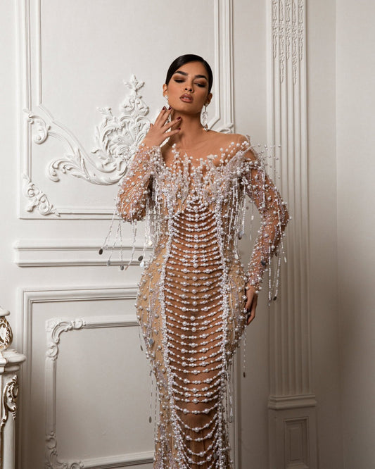 Istyana Off - Shoulder Dress with Pearl Embellishments - BLINI