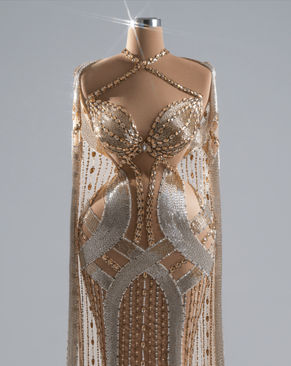 Ivory Gold and Silver Dress Embellished with Crystals - BLINI