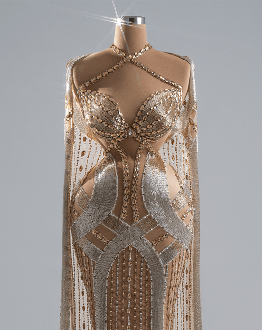 Ivory Gold and Silver Dress Embellished with Crystals - BLINI