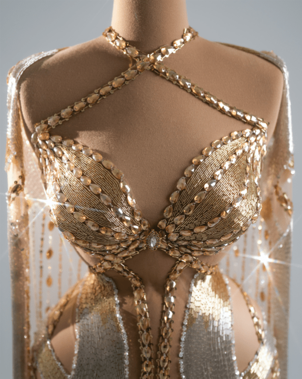 Ivory Gold and Silver Dress Embellished with Crystals - BLINI