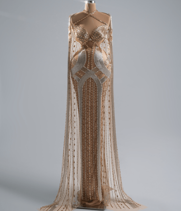 Ivory Gold and Silver Dress Embellished with Crystals - BLINI