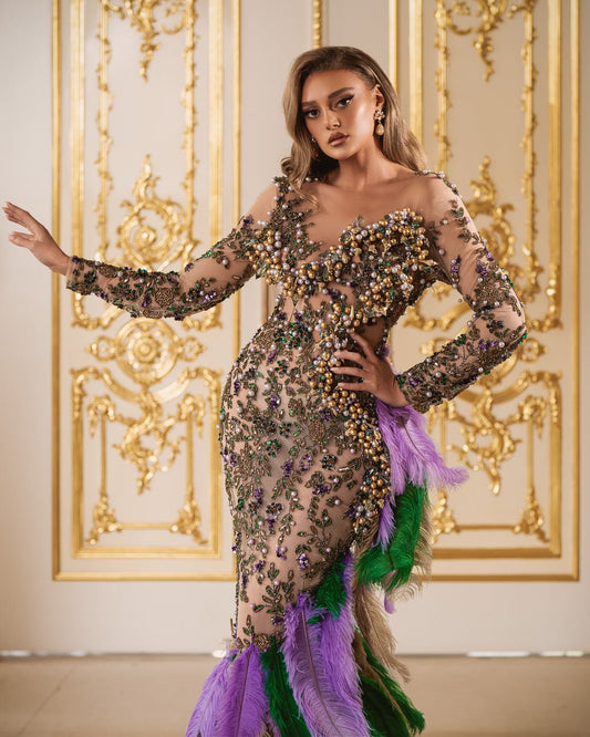 Jamila Dress with Beads and Feathers - BLINI