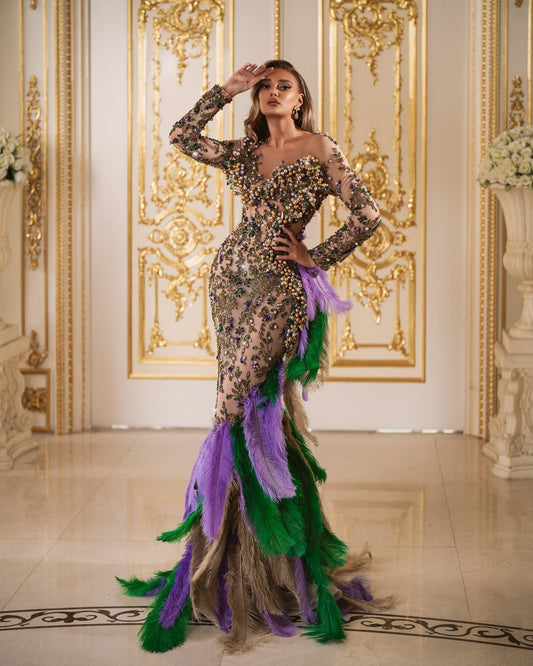 Jamila Dress with Beads and Feathers - BLINI