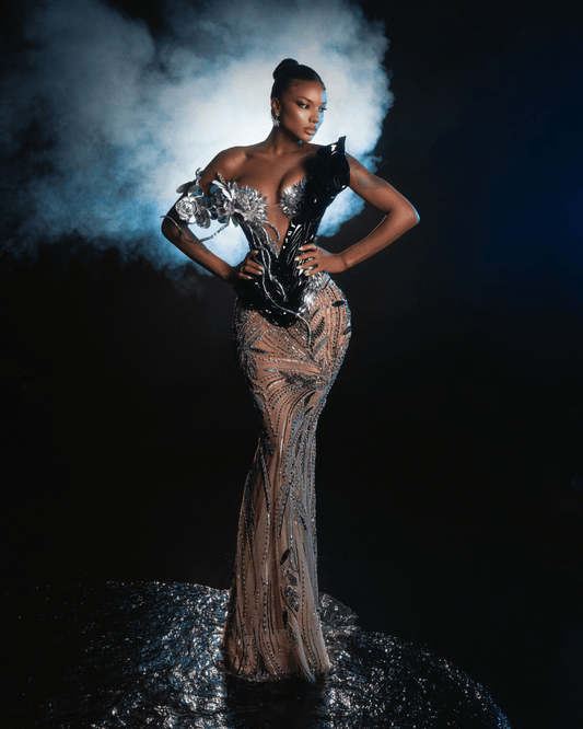 Jaona Silver Dress with Flowers and Metallic Leather - BLINI