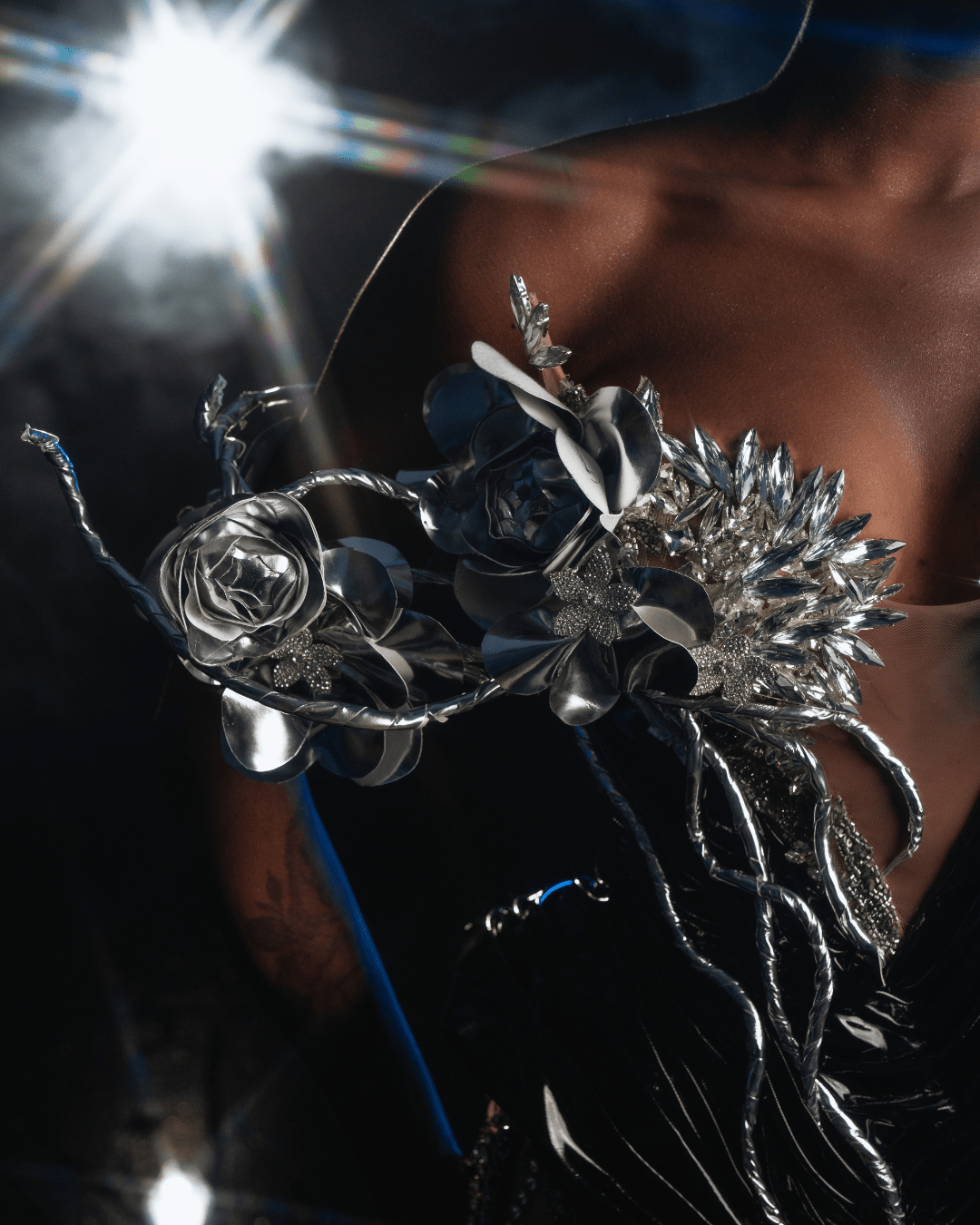 Jaona Silver Dress with Flowers and Metallic Leather - BLINI