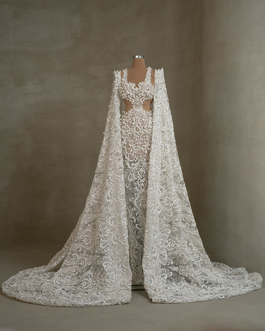 Jassamine Waist - Cut Bridal Dress with Pearls and Majestic Cape - BLINI
