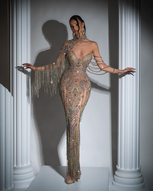 Jeanne Gold Dress with Crystals and Tassels - BLINI