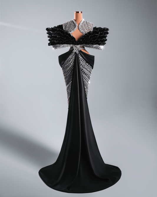 Joane Black Sleeveless Long Dress with Crystals and Cape - BLINI