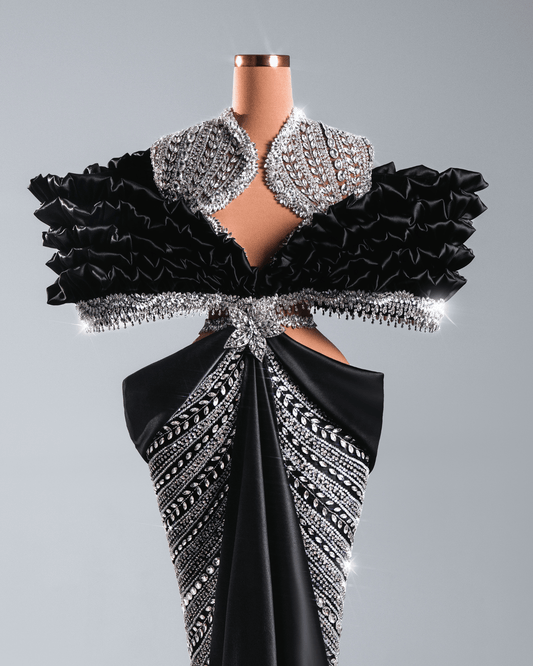 Joane Black Sleeveless Long Dress with Crystals and Cape - BLINI