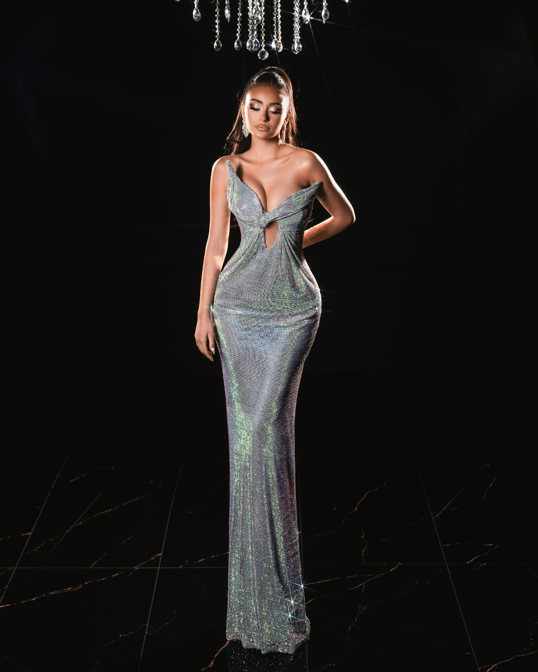 Joene Silver Long Sleeveless Dress with Crystals - BLINI