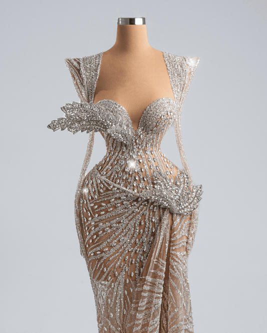 Julina Nude Dress with Side Cape and Crystals - BLINI