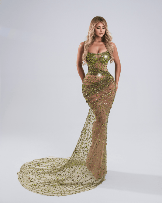 Junae Green Long Dress with Crystals - BLINI