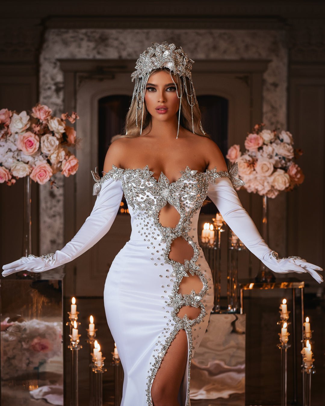Keara Bridal Dress with Gloves and Crystals - BLINI