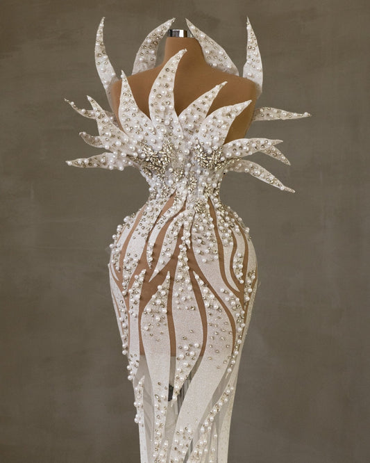 Khloe Sleeveless Bridal Dress Embellished with Pearls - BLINI