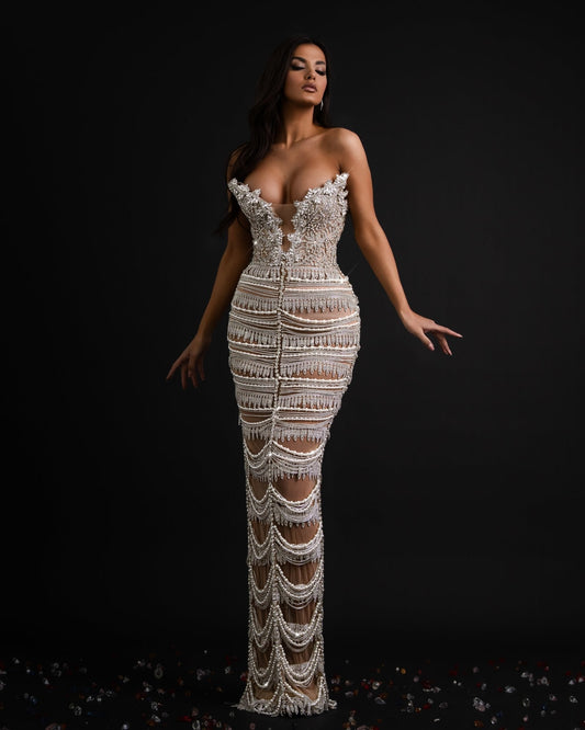 Kincső Sleeveless Dress with Silver Tassels and Crystals - BLINI