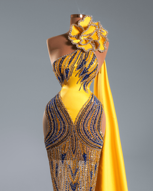 Kludia Yellow Sleeveless Long Dress with Side Cape and Flowers - BLINI