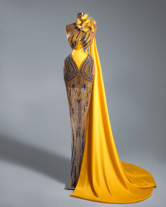 Kludia Yellow Sleeveless Long Dress with Side Cape and Flowers - BLINI