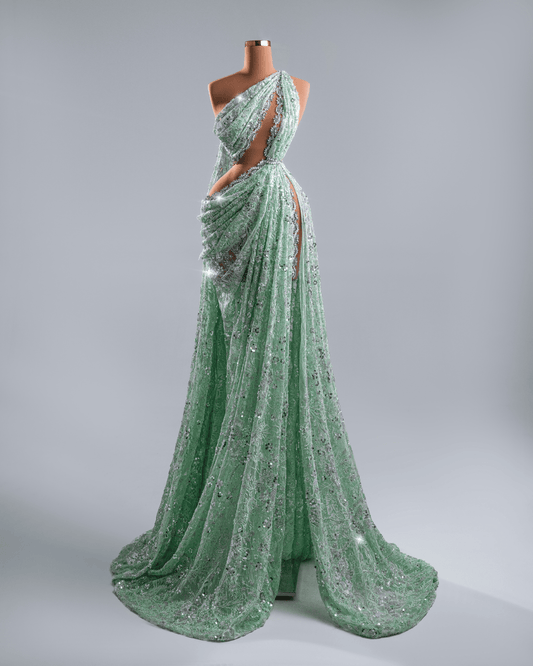 Koele Green Dress with Side Cape and Crystals - BLINI