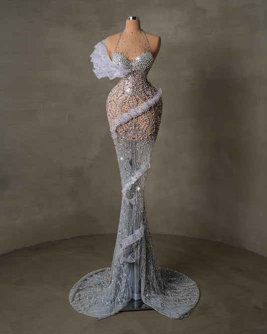 Lainie Halter Dress with Crystal and Ruffle Details - BLINI