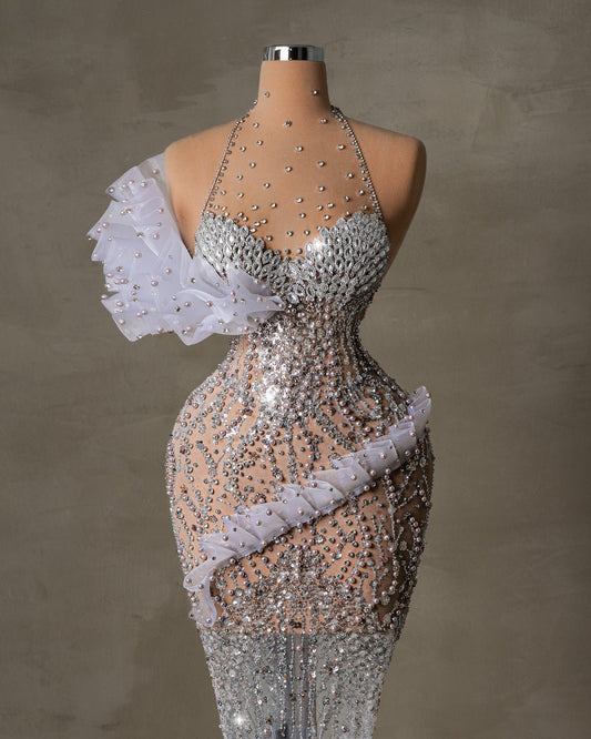 Lainie Halter Dress with Crystal and Ruffle Details - BLINI