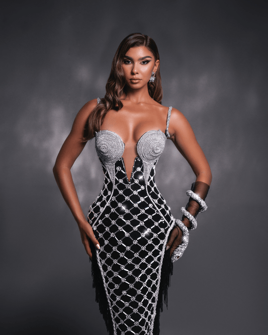 Lanesa Metallic Gray Mermaid Sleeveless Dress with Deep V Neck - BLINI