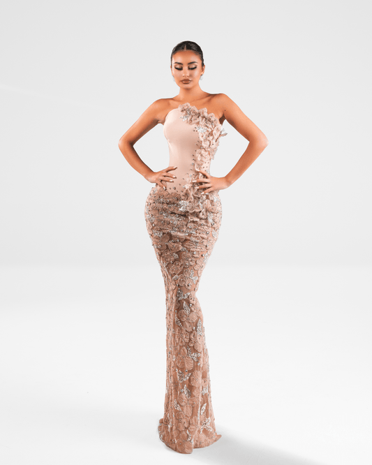 Lanya Nude Long Sleeveless Dress with Crystals and Flowers - BLINI