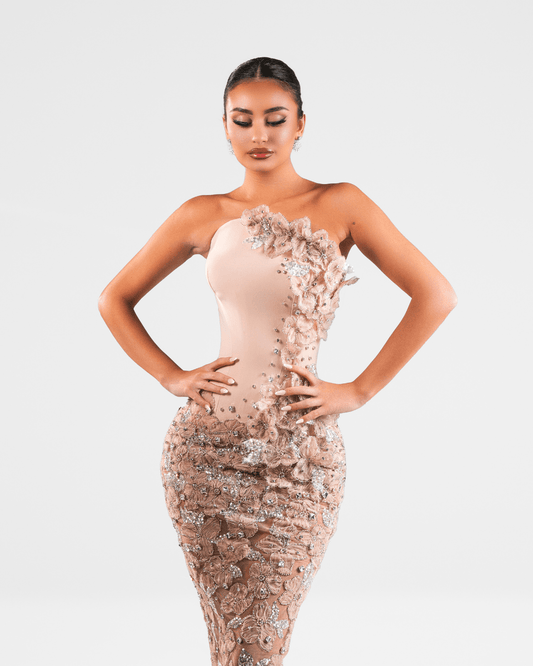 Lanya Nude Long Sleeveless Dress with Crystals and Flowers - BLINI