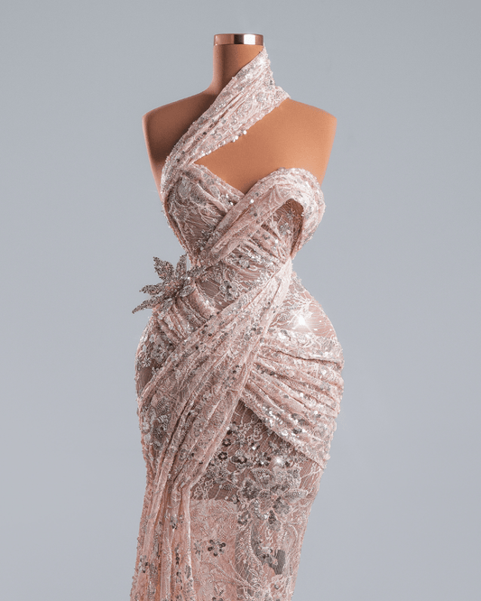 Larela Pink Dress with Side Cape and Crystals - BLINI